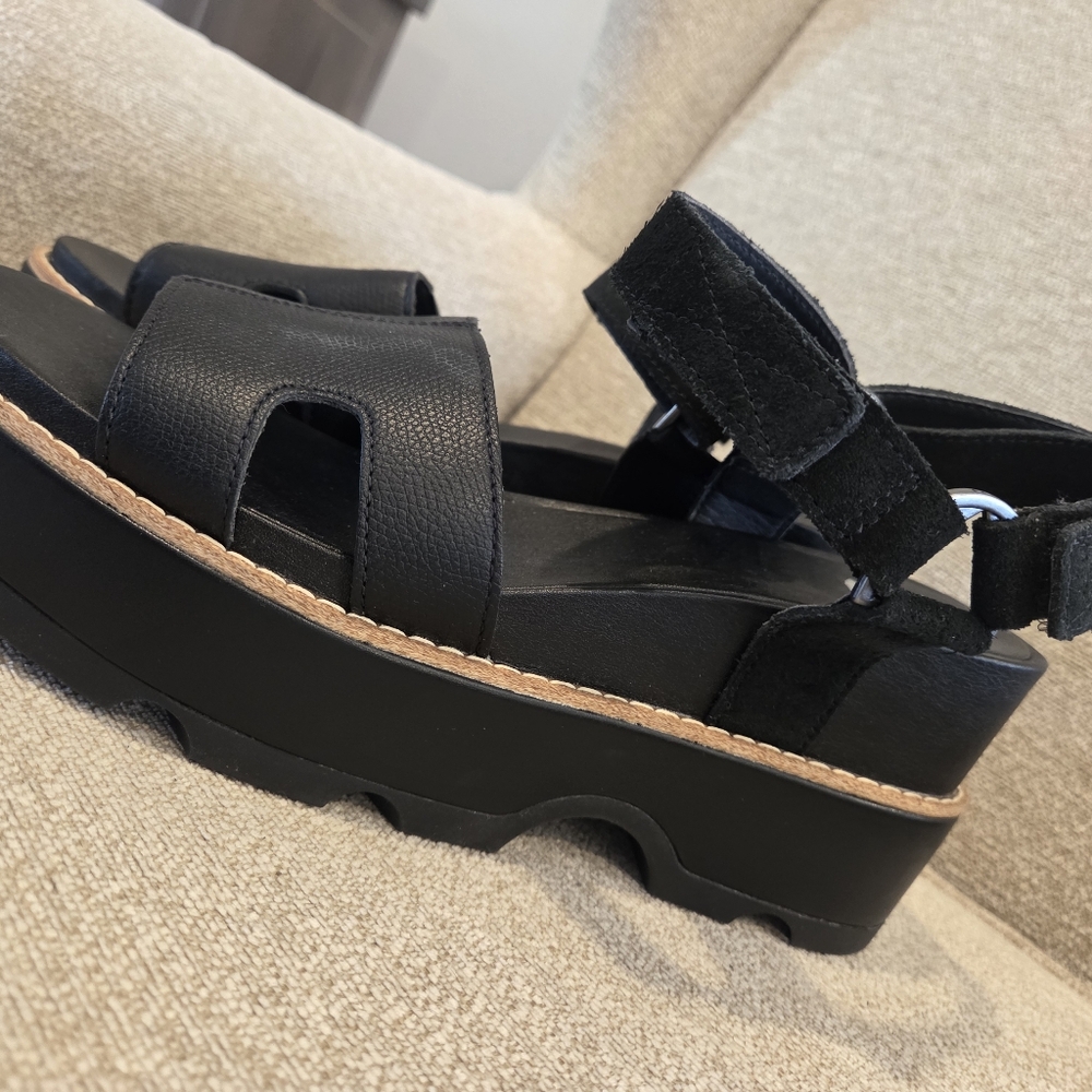 Sorel Joanie lV Black Sz 10 Leather Platform Wedge Sandals Adjustable Straps - Picture 8 of 13